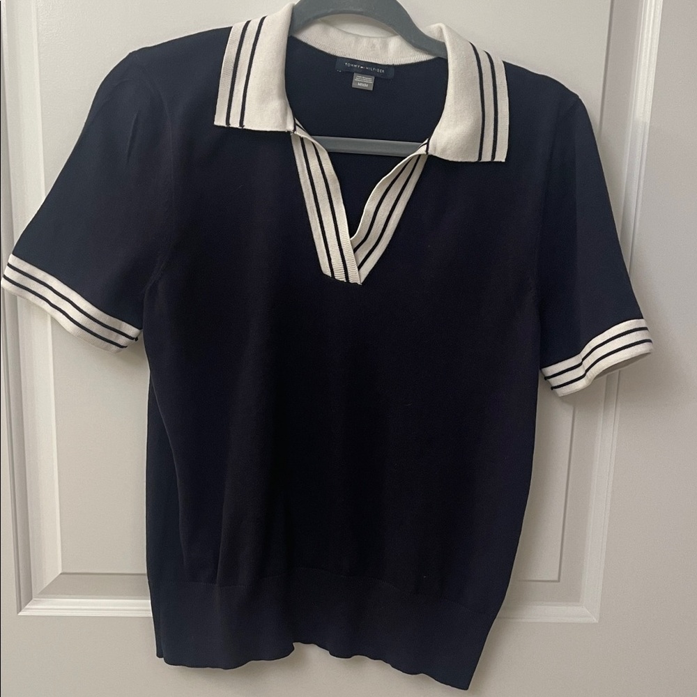 Tommy Hilfiger Navy and White Knit Polo Sweater